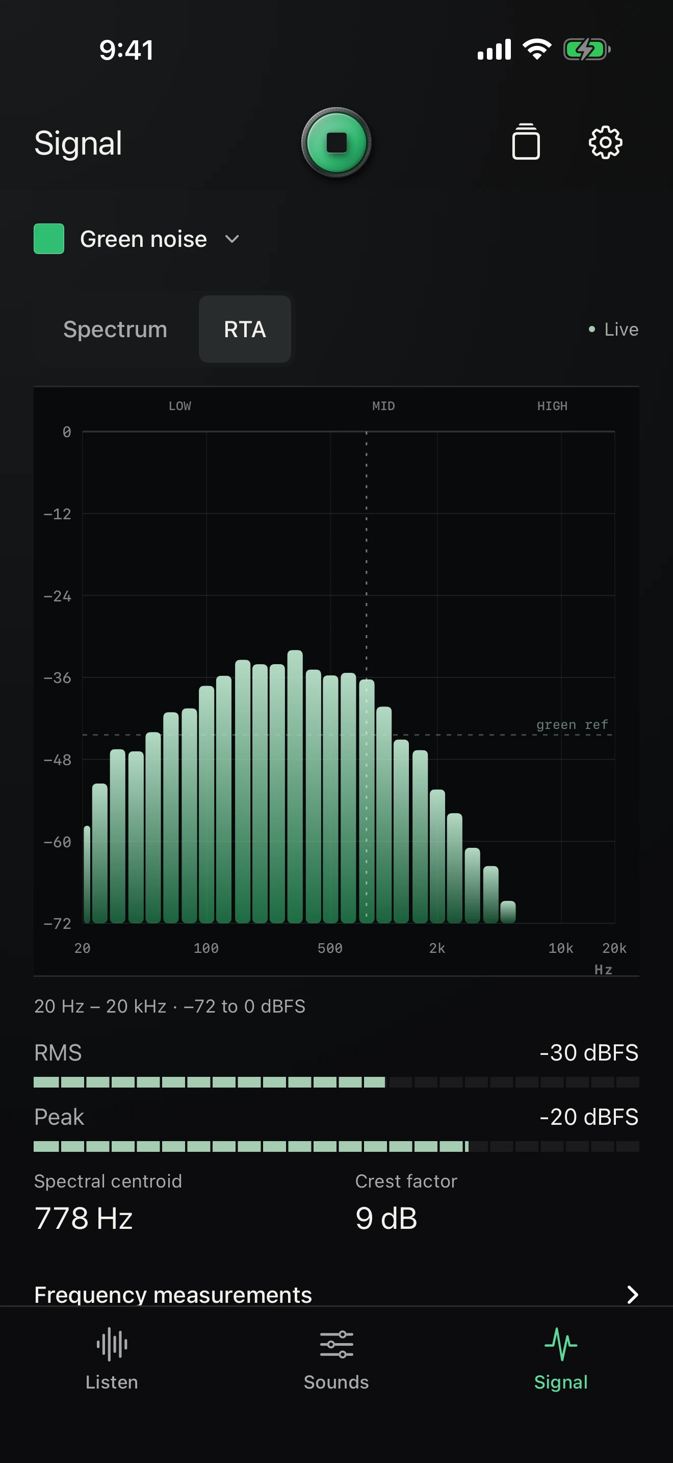 the green live spectrum and output meters in Signal